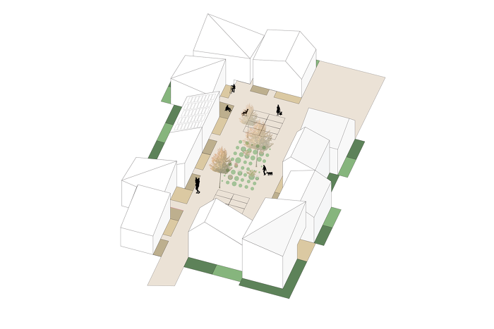 Inner courtyards with a mix of terraces, playgrounds and parking