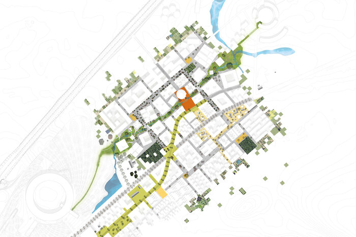 The tram line, green corridor and village path interconnect and create a hierachy of urban spaces, shaping a spatial urban and green network for the development of SVS.