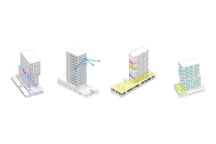 Vertical structure of the four building plots with home offices, common areas, hotel and a supermarket